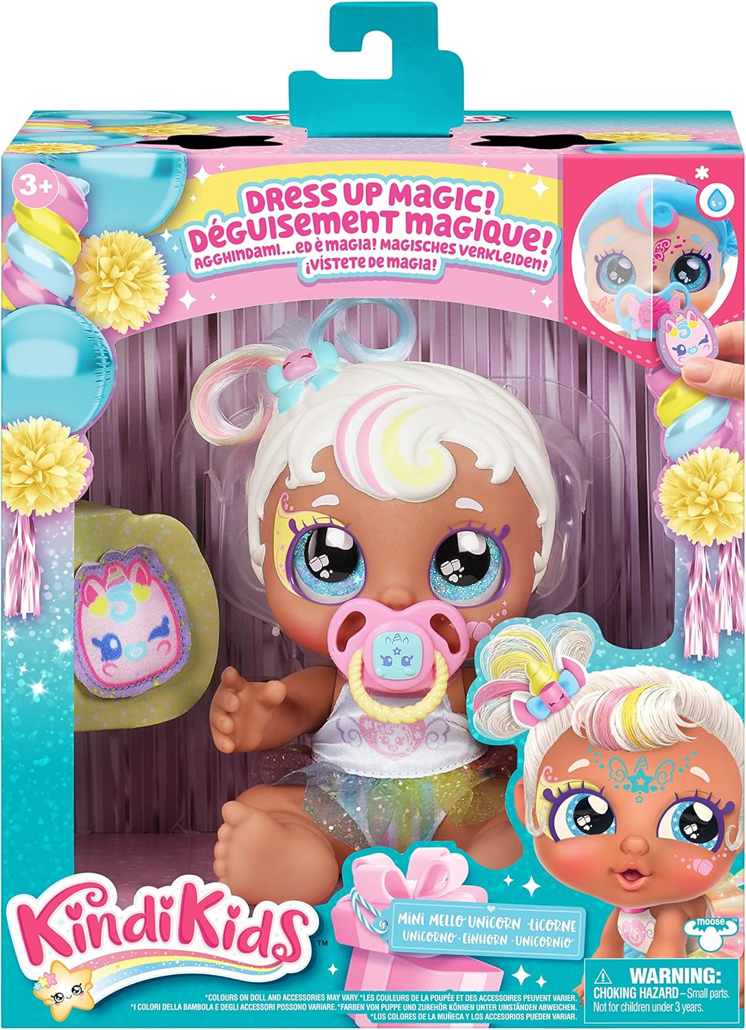 Babyschwester-Puppe Mni Mello als Einhorn, 1 Puppe mit Spielzeugschnuller und Zauberschwamm für magische Gesichtsbemalung. Große, glitzernde Augen, biegsame Arme und Beine, 50275