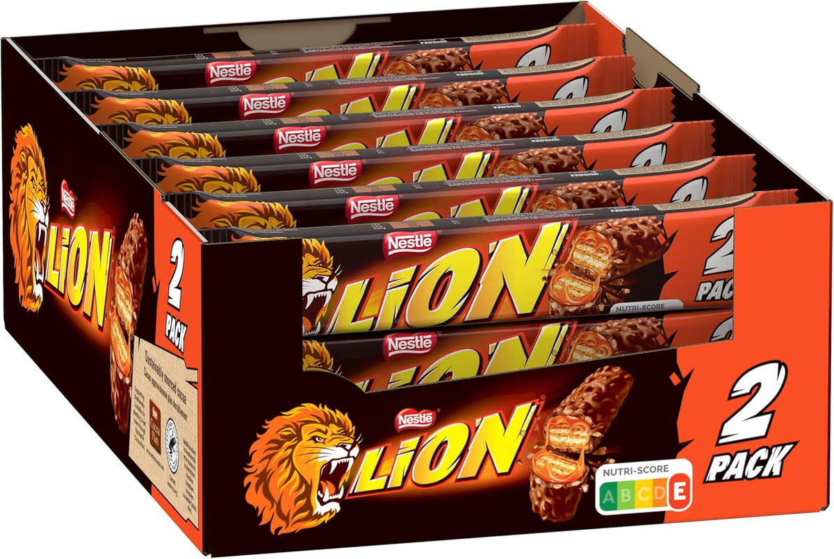 Baton de ciocolată Nestlé LION cu caramel, gustare crocantă, ciocolată crocantă și chipsuri crocante, umplutură de caramel, o experiență specială de îmbucătură, pachet multiplu, pachet de 28 (2 x 30g fiecare)