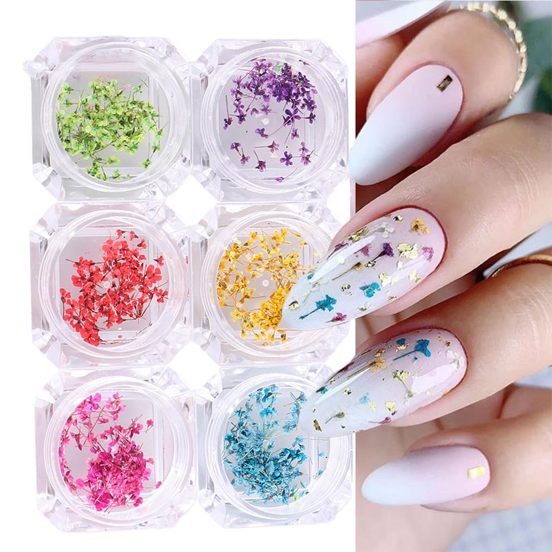 EYVRPAU 6 Stück Nail Art Flowers Set Decoration,Gelnägel Zubehör 6 Farben,Nail Art Aufkleber Trockene Blumen Kit Getrocknete Blumen Zubehör Set DIY Nageldekoration