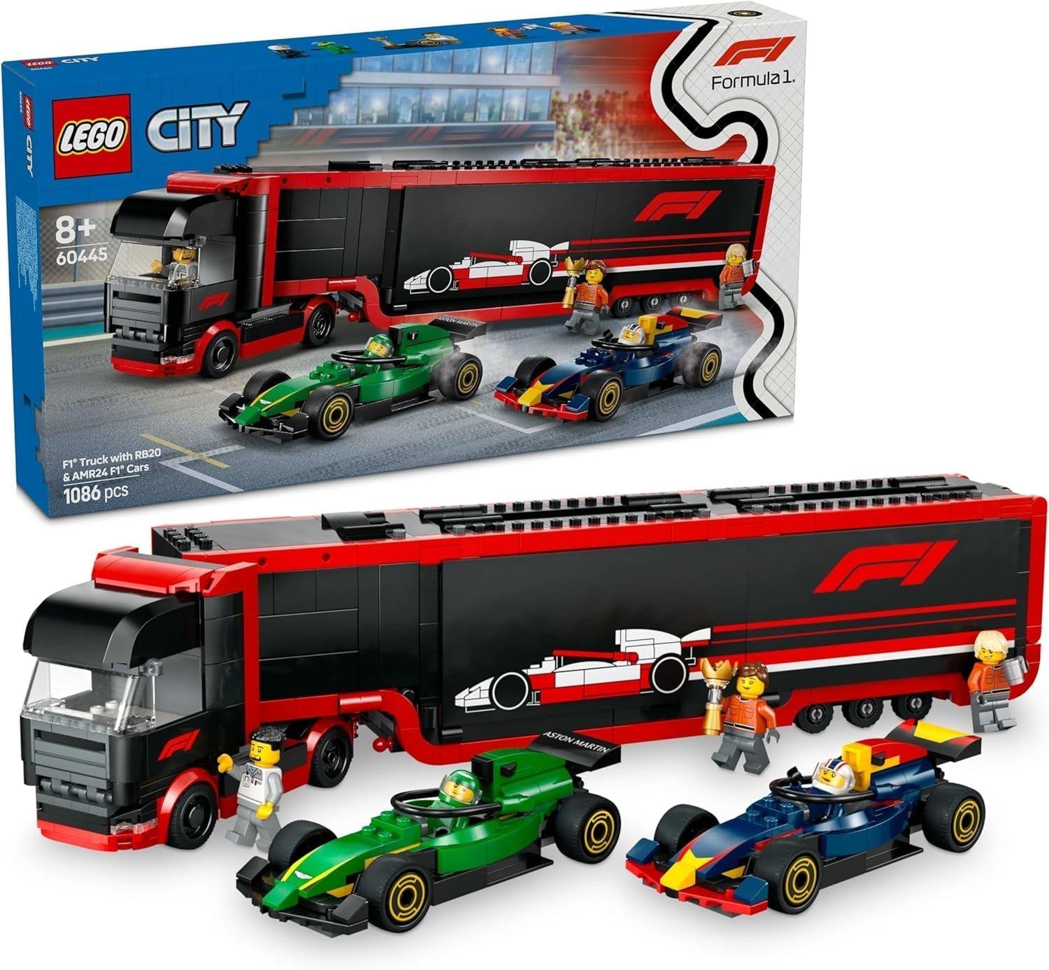 LEGO City F1 Transporter with RB20 & AMR24 F1 Racing Cars - Toy Car Transporter for Red Bull & Aston Martin Formula 1 Teams - Incl. 5 Minifigures - Gift for Boys & Girls Ages 8+ 60445 Seturi de constructie Besuche den LEGO-Store Titlu implicit