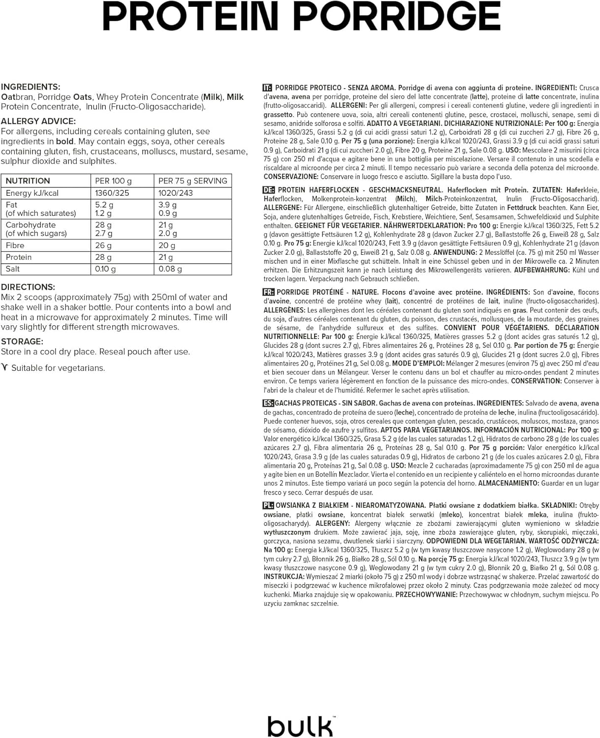 Fulgi de ovăz proteici completi, vrac, fulgi de ovăz cu conținut ridicat de proteine, zer, conținut ridicat de fibre, terci proteic, fără aromă, 1 kg