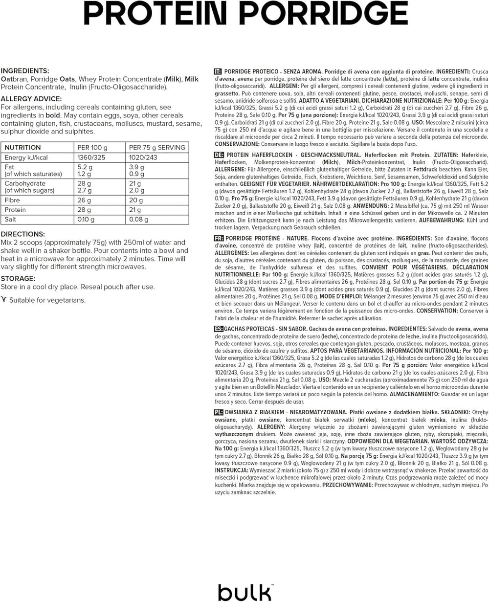 Fulgi de ovăz proteici completi, vrac, fulgi de ovăz cu conținut ridicat de proteine, zer, conținut ridicat de fibre, terci proteic, fără aromă, 1 kg