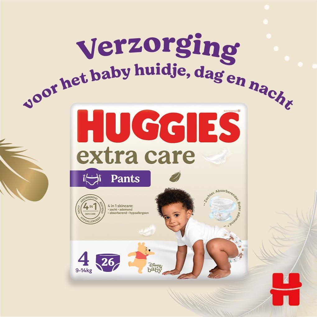 Scutece Huggies Extra Care Mărimea 4 (9-14 kg), 4 pachete a câte 26 de scutece - 4280 g