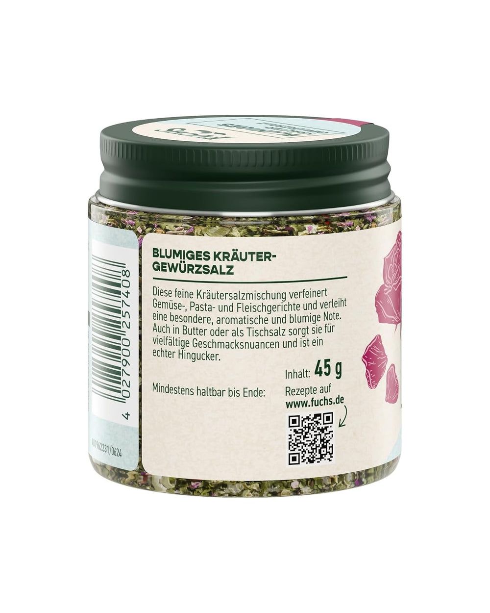 Fuchs Gewürze - Blumiges Kräutersalz | Gewürzsalz mit Rosenblütenblättern, Minze & Salz | Verfeinert Gemüse und Pasta-Gerichte | 45 g im wiederverschließbaren Gewürzglas
