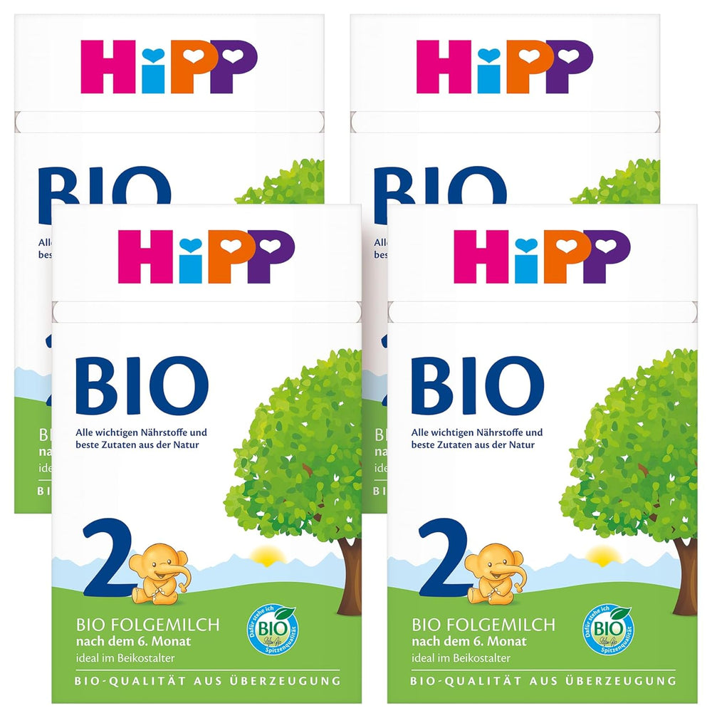 Lapte de continuare HiPP 2 Organic (4 x 600g), după 6 luni, cu Omega-3 (DHA, ALA), calciu și amidon organic ușor de preparat, de cea mai bună calitate organică
