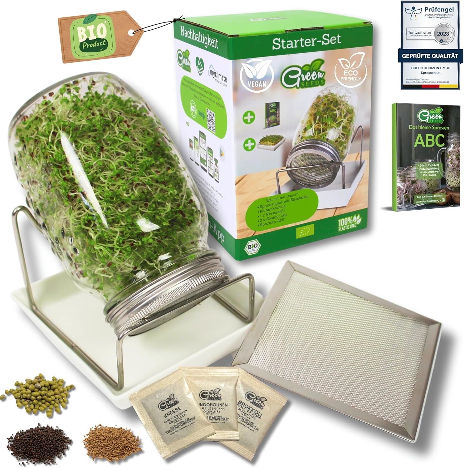 [Set original pentru începători cu borcan de germinare + sită pentru năsturel | 1000 ml cu capac din plasă din oțel inoxidabil de înaltă calitate, suport, tavă ceramică + ABC pentru germinare [Versiune tipărită] Tavă pentru răsaduri cu borcan de germinare