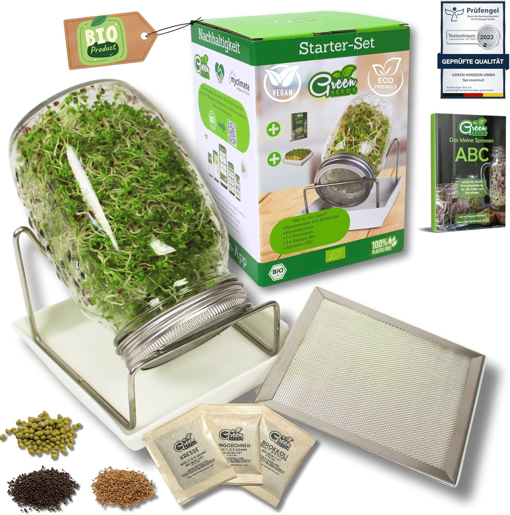 [Set original pentru începători cu borcan de germinare + sită pentru năsturel | 1000 ml cu capac din plasă din oțel inoxidabil de înaltă calitate, suport, tavă ceramică + ABC pentru germinare [Versiune tipărită] Tavă pentru răsaduri cu borcan de germinare