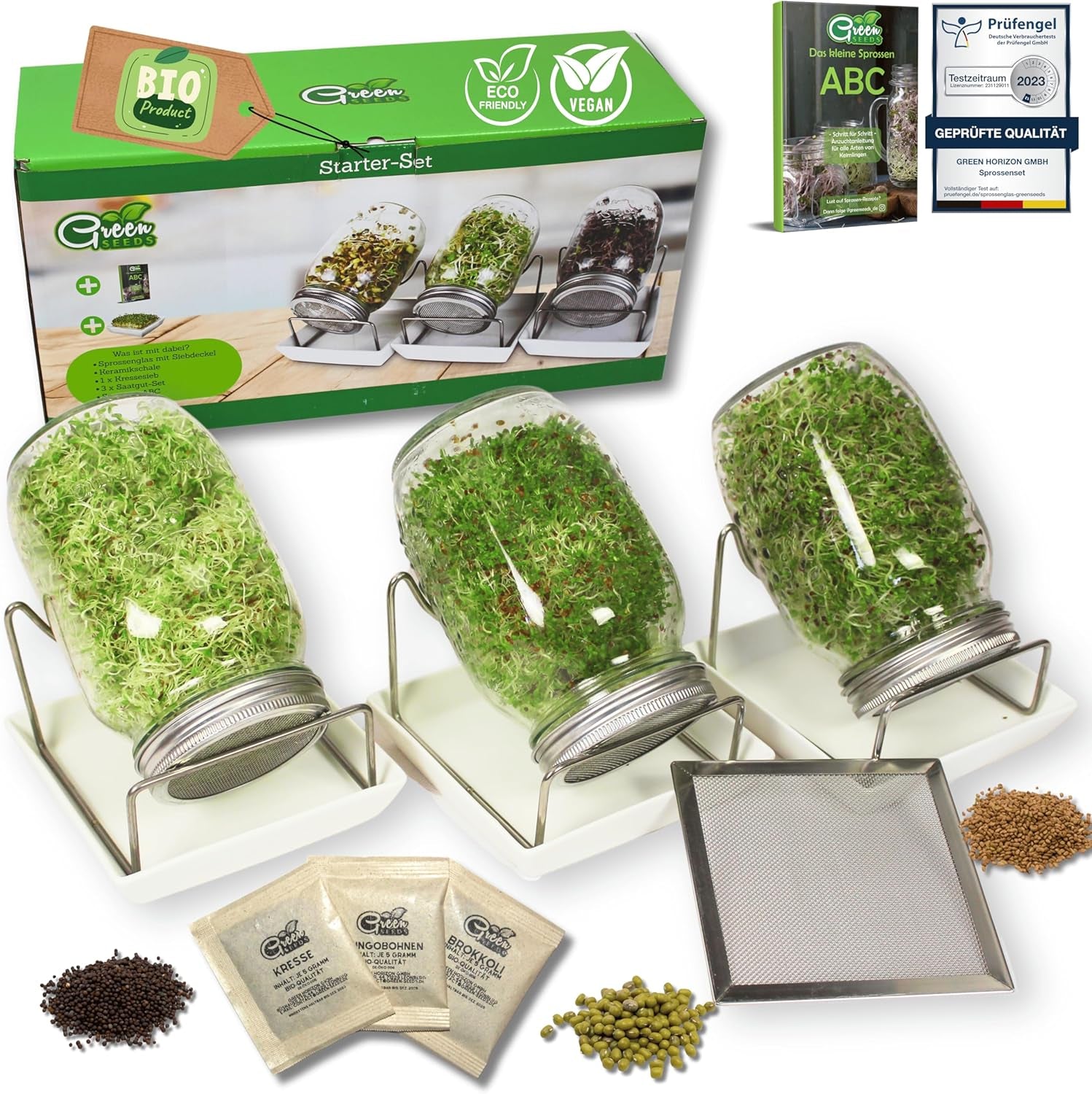 [Set original pentru începători cu borcan de germinare + sită pentru năsturel | 1000 ml cu capac din plasă din oțel inoxidabil de înaltă calitate, suport, tavă ceramică + ABC pentru germinare [Versiune tipărită] Tavă pentru răsaduri cu borcan de germinare