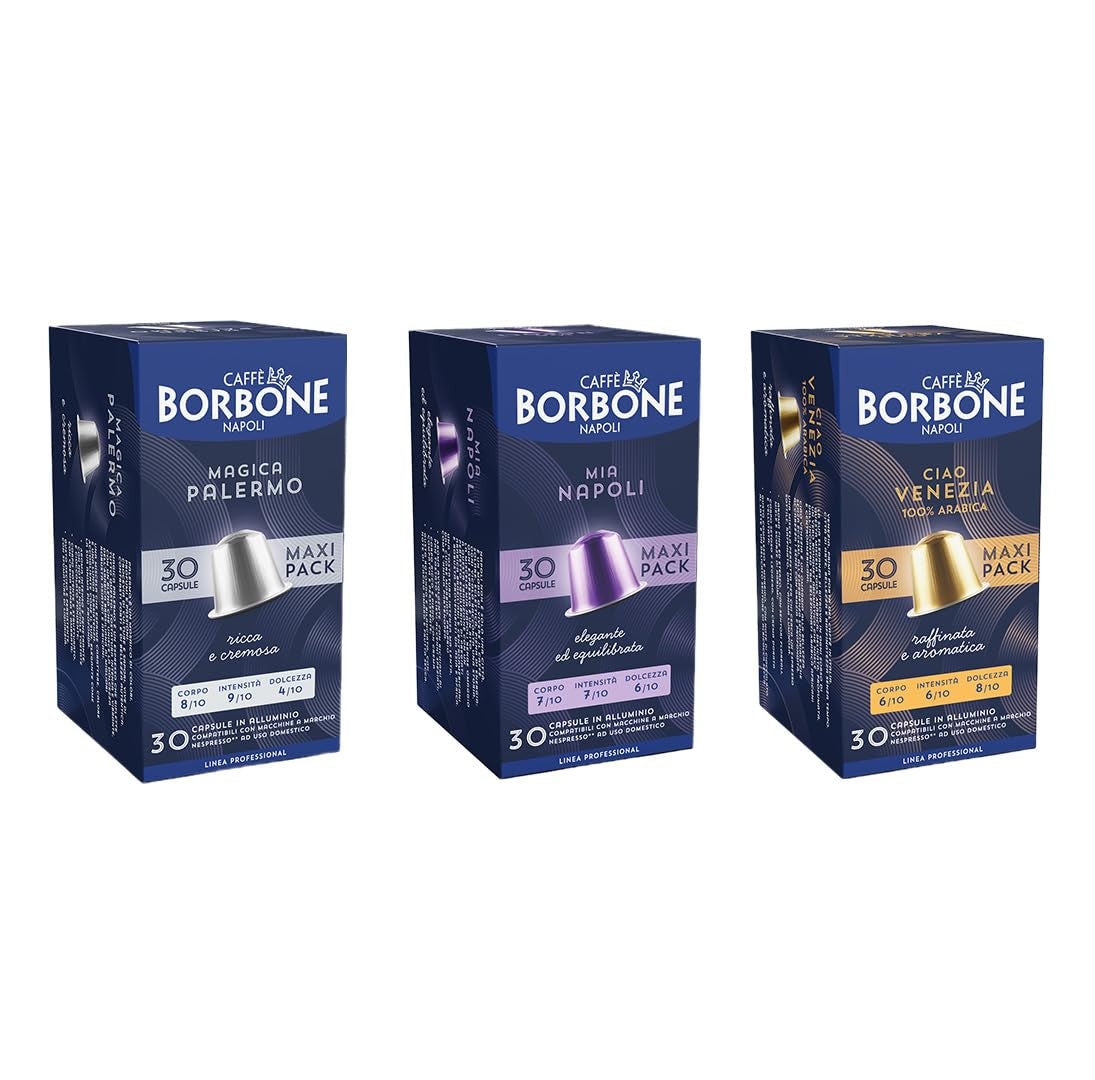 Caffè Borbone Verkostung Kit, 90 Aluminium-Kapseln: 30 Mia Napoli, 30 Ciao Venezia, 30 Magica Palermo, (3 x 30 Stück) – Kompatibel mit Kaffeemaschinen für den Hausgebrauch der Marke Nespresso®*