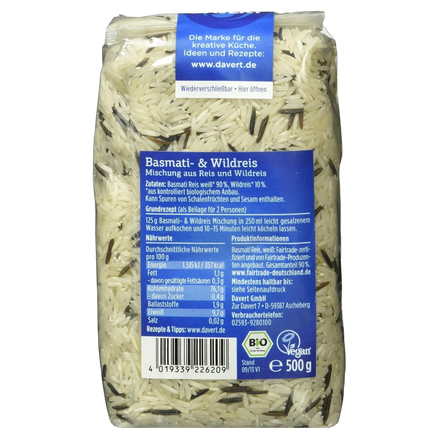 Amestec de orez Davert Basmati și sălbatic, organic, 500g