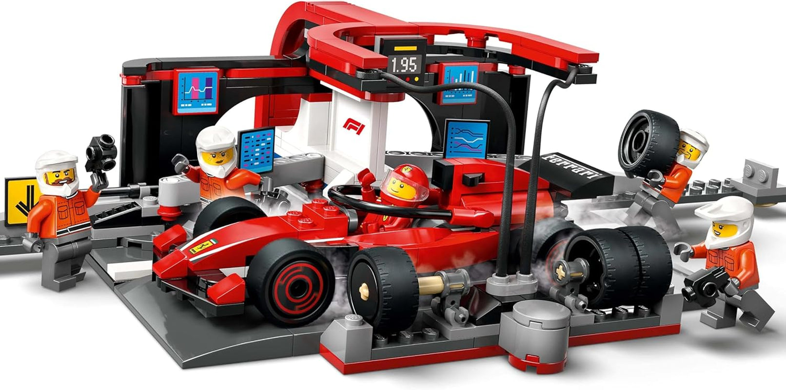 LEGO City F1 Pit Stop cu echipa și Ferrari Speedster - Set Formula 1 Pit Stop cu 1 pilot de curse și 4 minifigurine mecanice - Jucărie pentru mașini de curse pentru băieți și fete peste 6 ani - 60443 Seturi de constructie Besuche den LEGO-Store