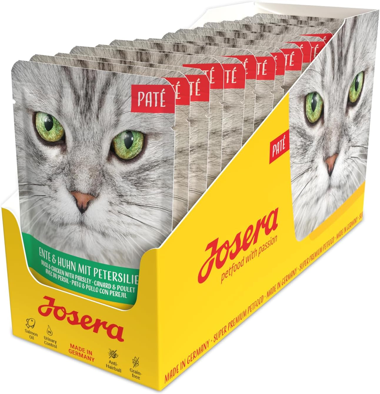 JOSERA Pateu de rață și pui cu pătrunjel (16 x 85 g) | Adult | Hrană umedă premium pentru pisici adulte | Pateu de rață și pui | Ulei de somon | Fără cereale | Hrană umedă pentru pisici în pliculețe proaspete | Pachet de 16