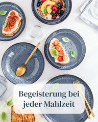 Set de veselă din gresie ceramică, format din 18 piese, pentru 6 persoane, design Ibiza, CÂȘTIGĂTOR AL TESTULUI. Un set de veselă mediteranean superb, din gresie ceramică, inclusiv boluri și farfurii. Set de veselă Pure Living în albastru fumuriu.