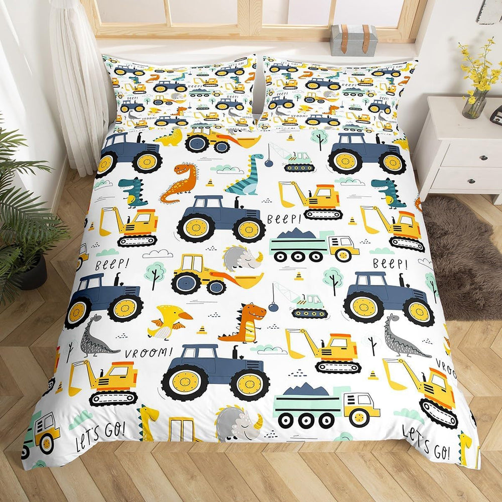 Jungen Cartoon Auto Bettwäsche Set 135X200,Kinder Bau Fahrzeuge Tröster Abdeckung Für Kind Kleinkind Teens,Dinosaurier Bettbezug,Traktor Maschinerie Bagger Bettdecke Abdeckung,Lkw Autos Bettwäsche Naty Shop