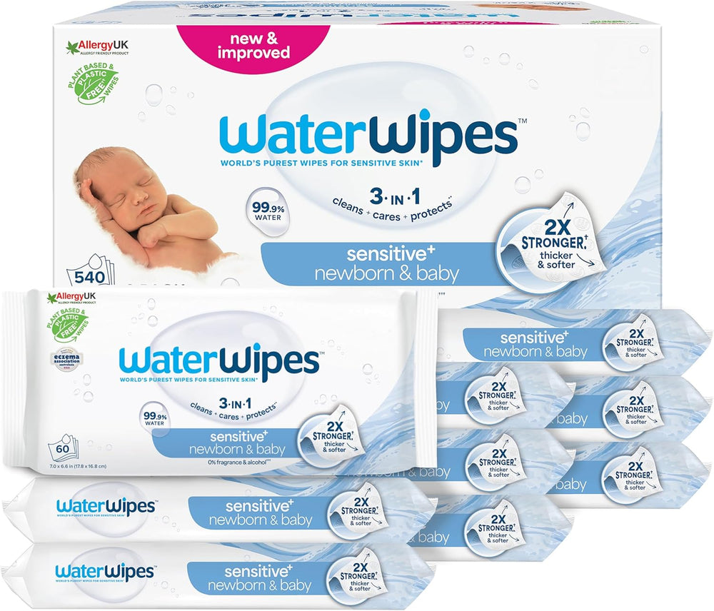 Șervețele umede WaterWipes Sensitive+ pentru nou-născuți și bebeluși, 720 bucăți (12 pachete), curățare, îngrijire, protecție 3 în 1, 99,9% apă, fără parfum