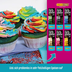 Decocino Pastă de colorare liposolubilă Set de 6 – 6 x 15 g – Coloranți alimentari în roșu, alb, verde, galben, albastru și negru, ideali pentru colorarea prăjiturilor, fondantului și cremelor – Fără azo și gluten