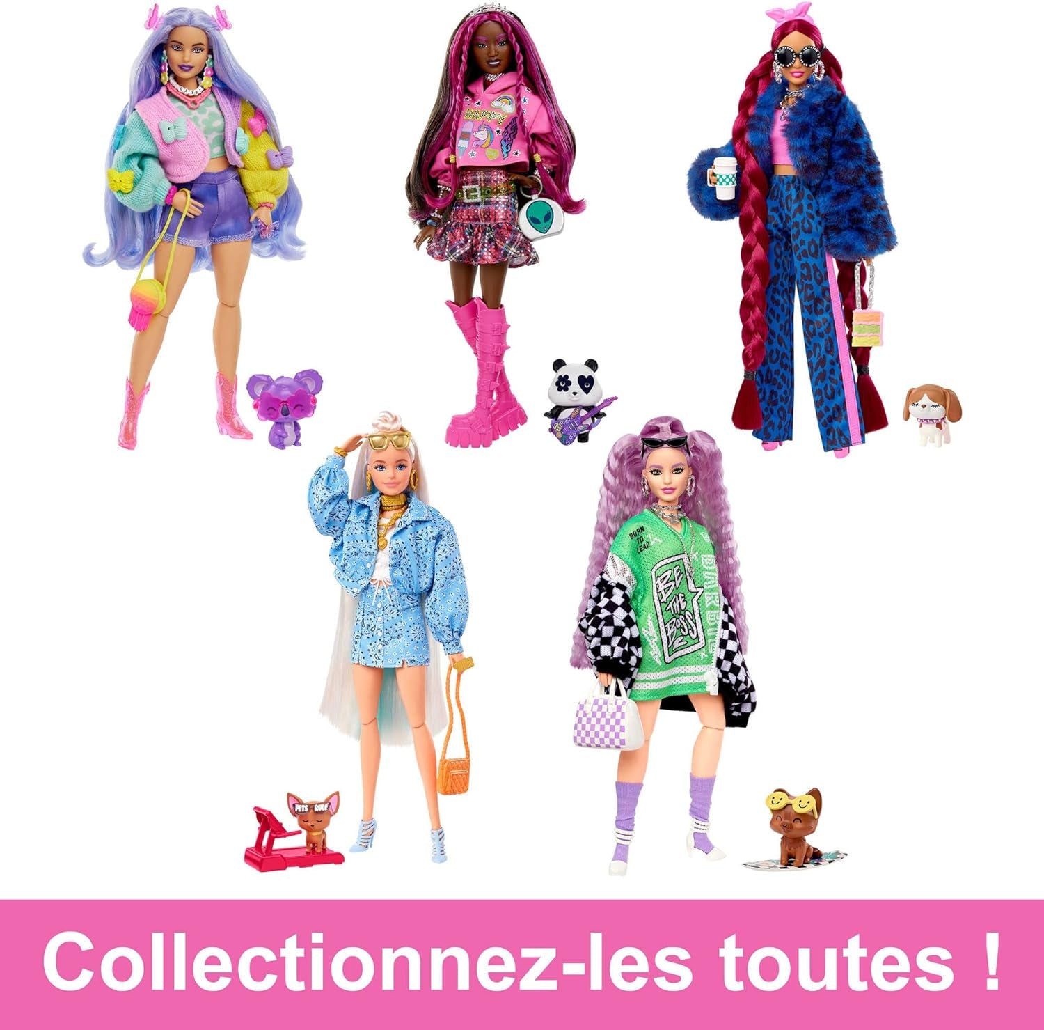 Barbie Extra, Schwarze schwarzem Haar und rosa Strähnchen, Rockstar Pandabär, Sonnenbrille, rosa Stiefel, Alien-Tasche, Aufkleber, inkl Puppe, Geschenke für Kinder ab 3 Jahren,HKP93