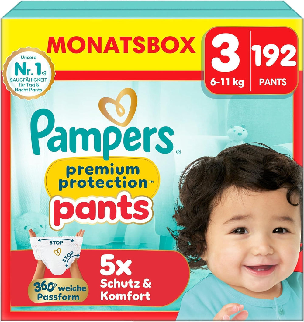 Pampers Premium Protection Pants mărimea 5, 144 scutece, 11 kg - 17 kg, cu ajustare la 360° și manșete moi anti-scurgere pentru confort și protecție optime