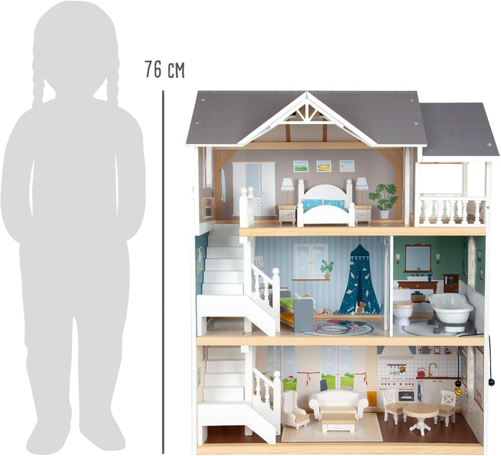 Casă de păpuși Small Foot Vilă de oraș din lemn, cu 3 etaje, față deschisă și 12 mobilier, pentru copii de la 3 ani, 11802, alb gri Casute de papusi Naty Shop