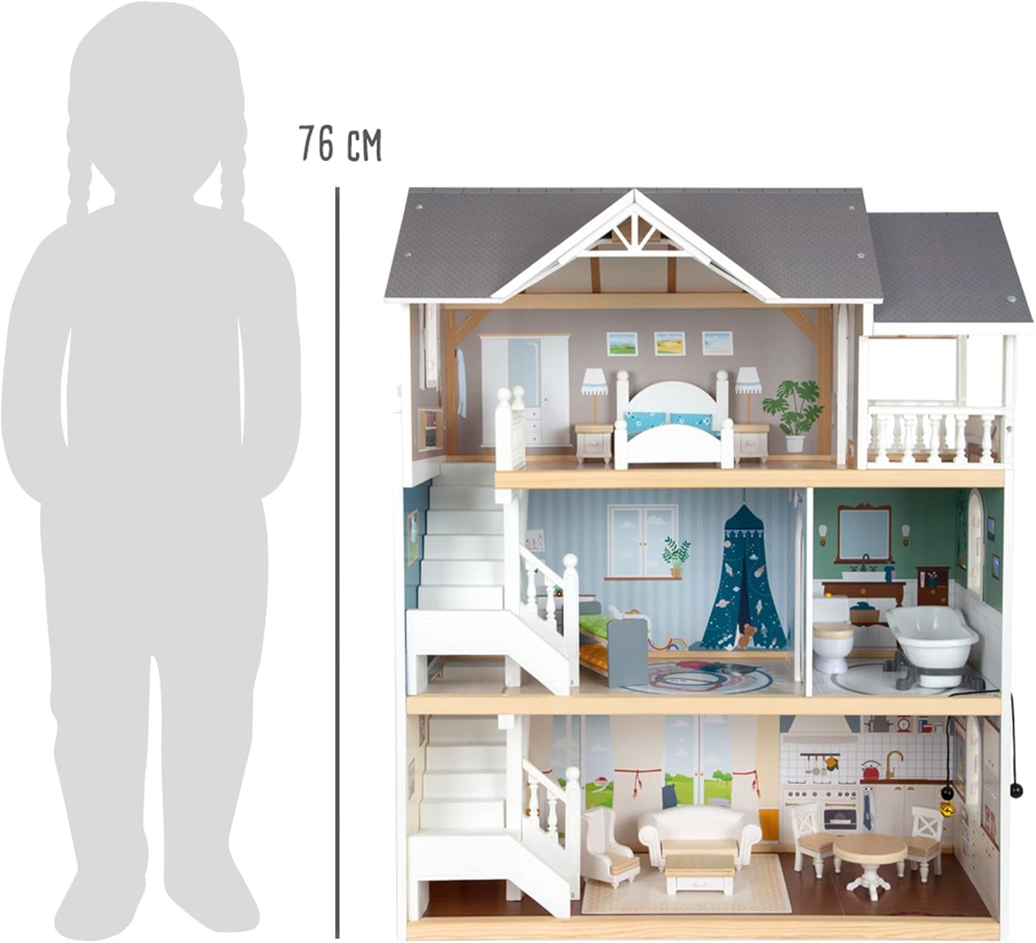 Casă de păpuși din lemn Small Foot, cu 3 etaje, față deschisă și 12 piese de mobilier, pentru copii cu vârsta de la 3 ani în sus, 11802, alb gri