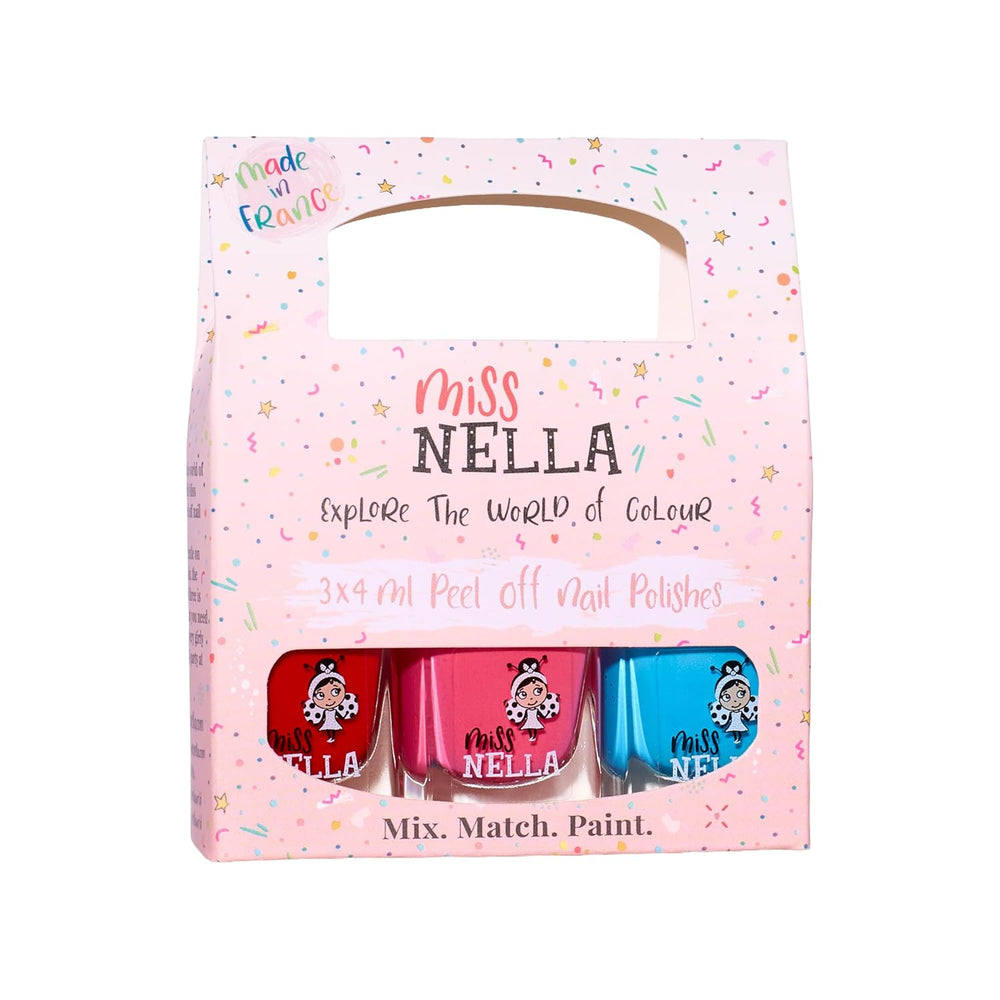 Set de ojă cu sclipici Miss Nella Magic Collection, 4 piese: roz, roșu, auriu și albastru, ojă detașabilă specială pentru copii, non-toxică, pe bază de apă și inodoră