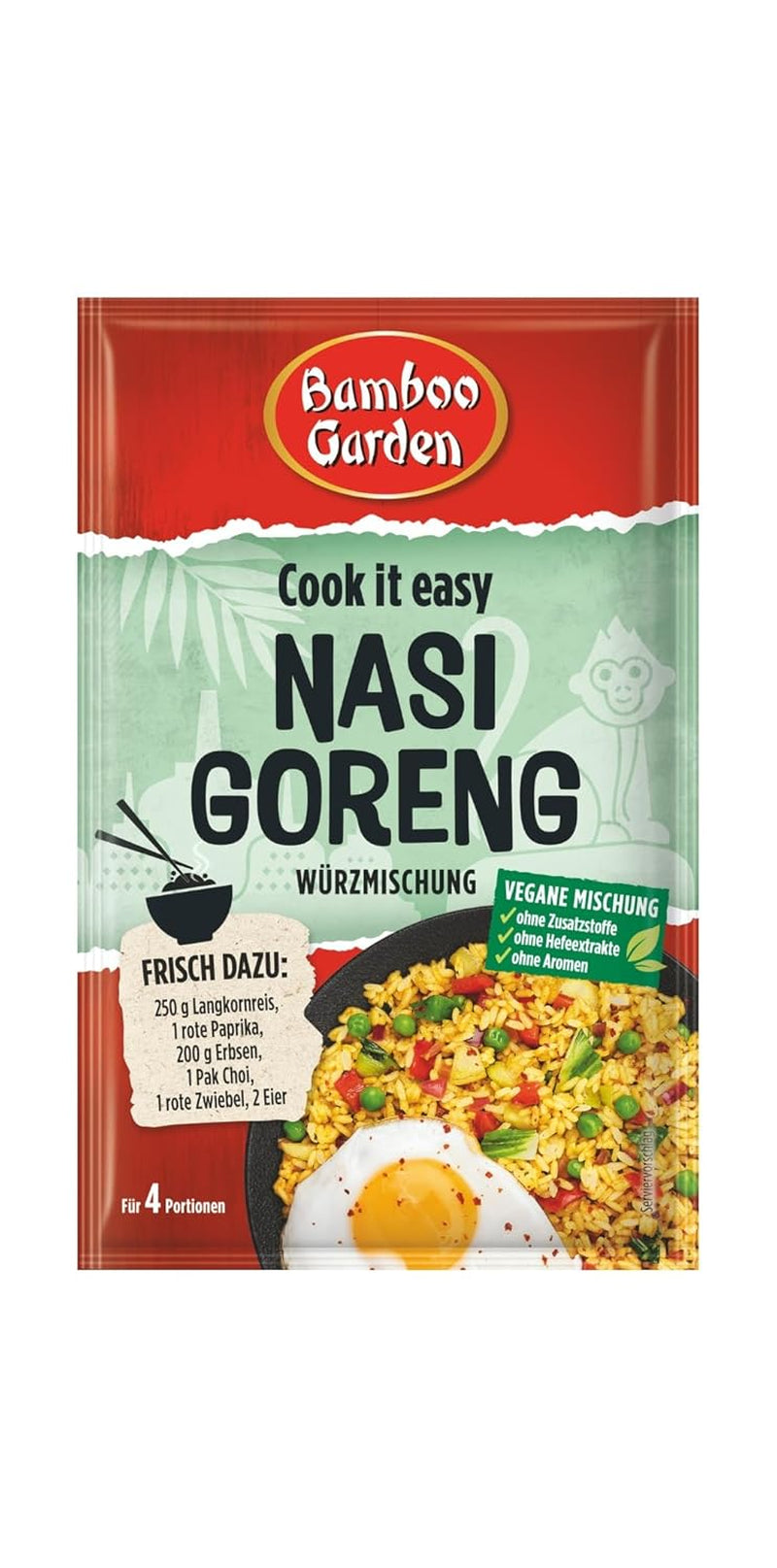 Bamboo Garden - Nasi Goreng Würzmischung | Zum Würzen von asiatischen Reisgerichten | Für 4 Portionen | Vegan, ohne Zusatzstoffe, ohne Hefeextrakte, ohne Aromen | 25 g im Beutel
