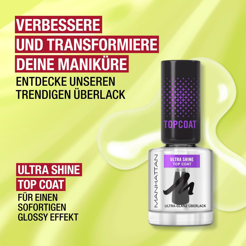 Manhattan Nail Top Coat Ultra Shine, top coat transparent cu finisaj lucios pentru o manichiură de lungă durată, 12 ml