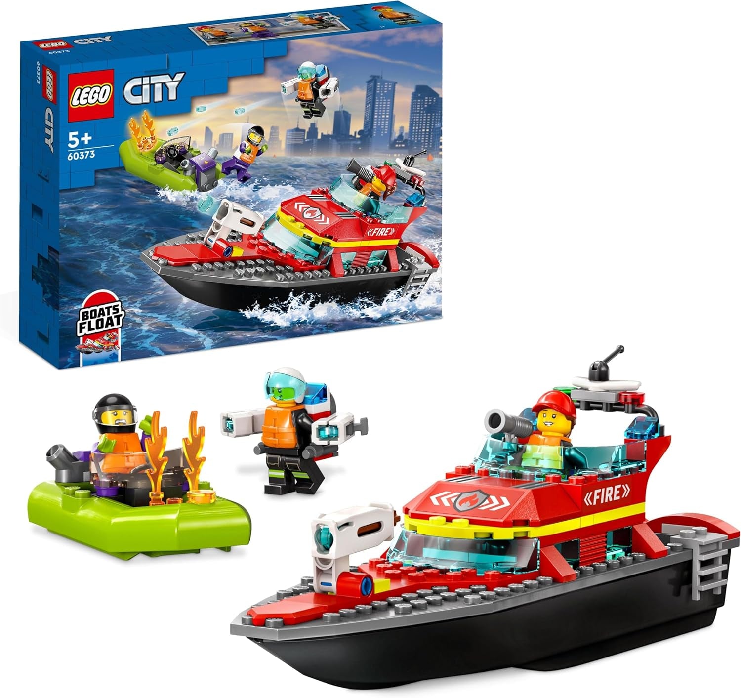 LEGO 60373 City Feuerwehrboot, Spielzeug, das im Wasser schwimmt, mit Rennboot, 3 Minifiguren und Jetpack, Feuerwehr-Boot-Spielzeug Geschenkidee für Jungen und Mädchen ab 5 Jahren