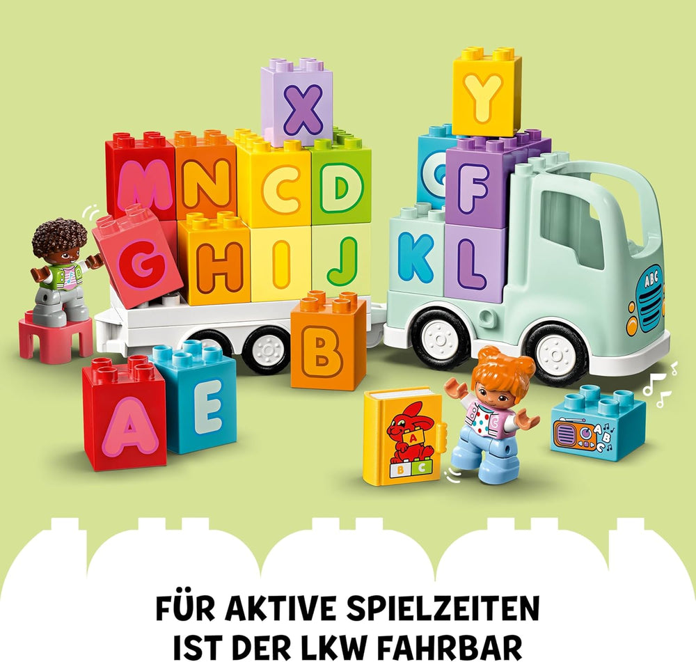 LEGO DUPLO Town ABC-Lastwagen, Lernspielzeug für Kleinkinder ab 2 Jahren, ABC-LKW-Spielzeug mit Anhänger und Buchstaben-Steinen, plus Figuren eines Jungen und eines Mädchens, Geschenk für Kinder 10421