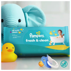 Șervețele umede Pampers Fresh Clean, 15 pachete a câte 80 de șervețele, 1200 de șervețele în total, parfum ușor, potrivite și pentru mâini și față