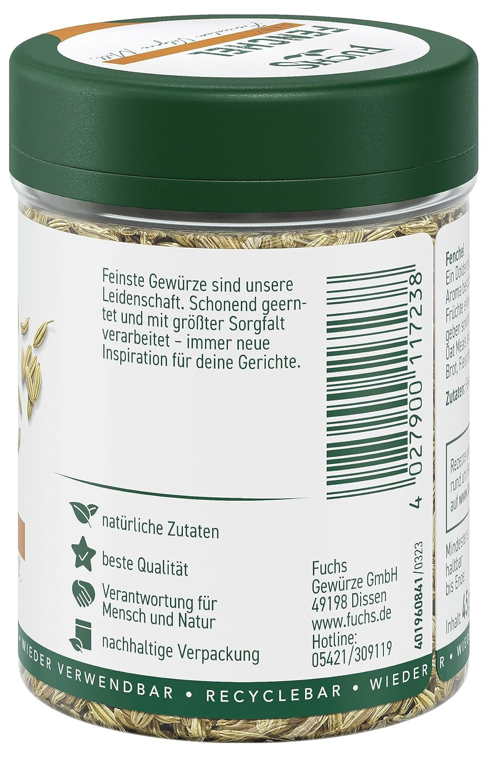 Fuchs Gewürze - Fenchel ganz - süß-würziges Aroma für Obstsalate, Oat-Meals oder Currys - natürliche Zutaten - 45 g in wiederverwendbarer, recyclebarer Dose