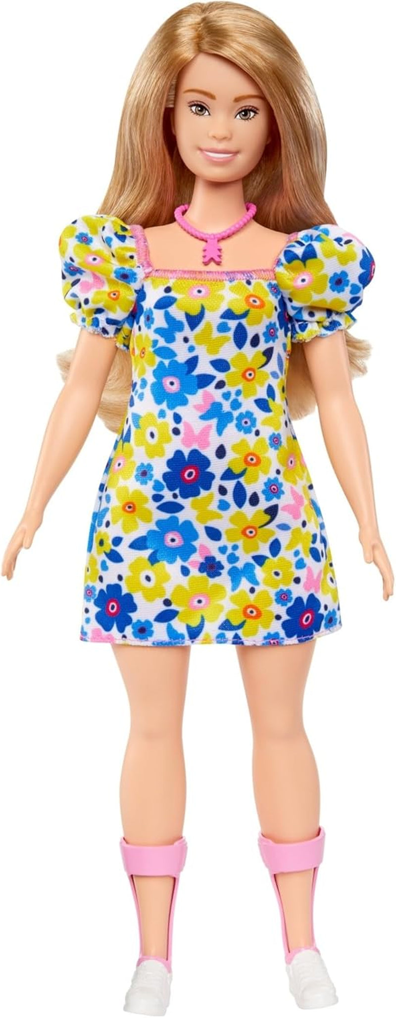 Barbie Fashionistas - păpușă dezvoltată cu Societatea Națională pentru Sindromul Down, păr blond și ținută trendy cu rochie florală și adidași albi, pentru copii de la 3 ani, HJT05 Papusi Naty Shop