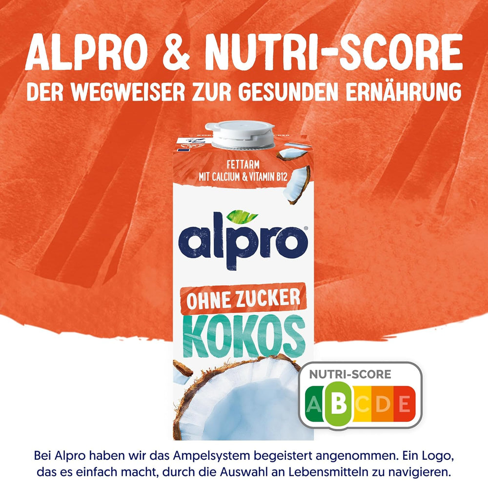 Alpro Kokosnussdrink ohne Zucker – Ohne Süßstoffe – Vegan und milchfrei – Von Natur aus laktosefrei und fettarm – Reich an Calcium und Vitaminen – 8 x 1 L