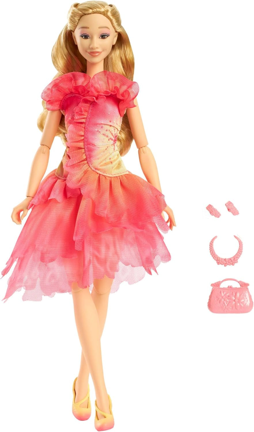 Păpușă de modă Mattel Wicked Glinda și accesorii cu păr blond, diverse poziții posibile și aspect de rochie de bal detașabilă, HXT63