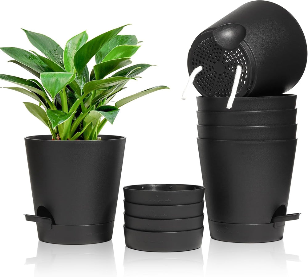 Ghiveci de flori din plastic T4U de 14 cm cu sistem de udare, set de 6 ghivece cu auto-udare și farfurioare, ghivece rotunde pentru plante de grădină de interior și balcon, suculente, cactuși, alb