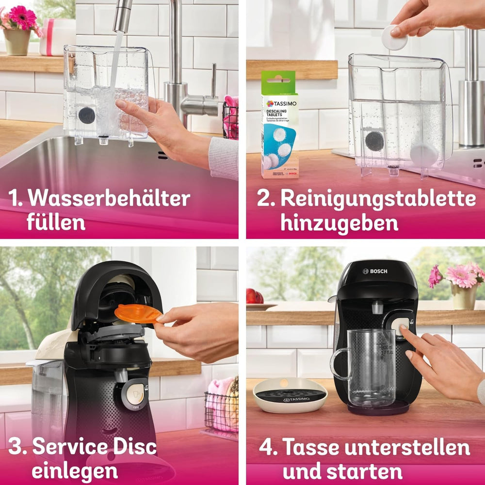 Espressor cu capsule Bosch Tassimo Happy Friendly TAS107E, peste 70 de băuturi, potrivit pentru toate tipurile de cești, oprire automată, sustenabil, dozare perfectă, economie de spațiu, 1400 W, crem/negru