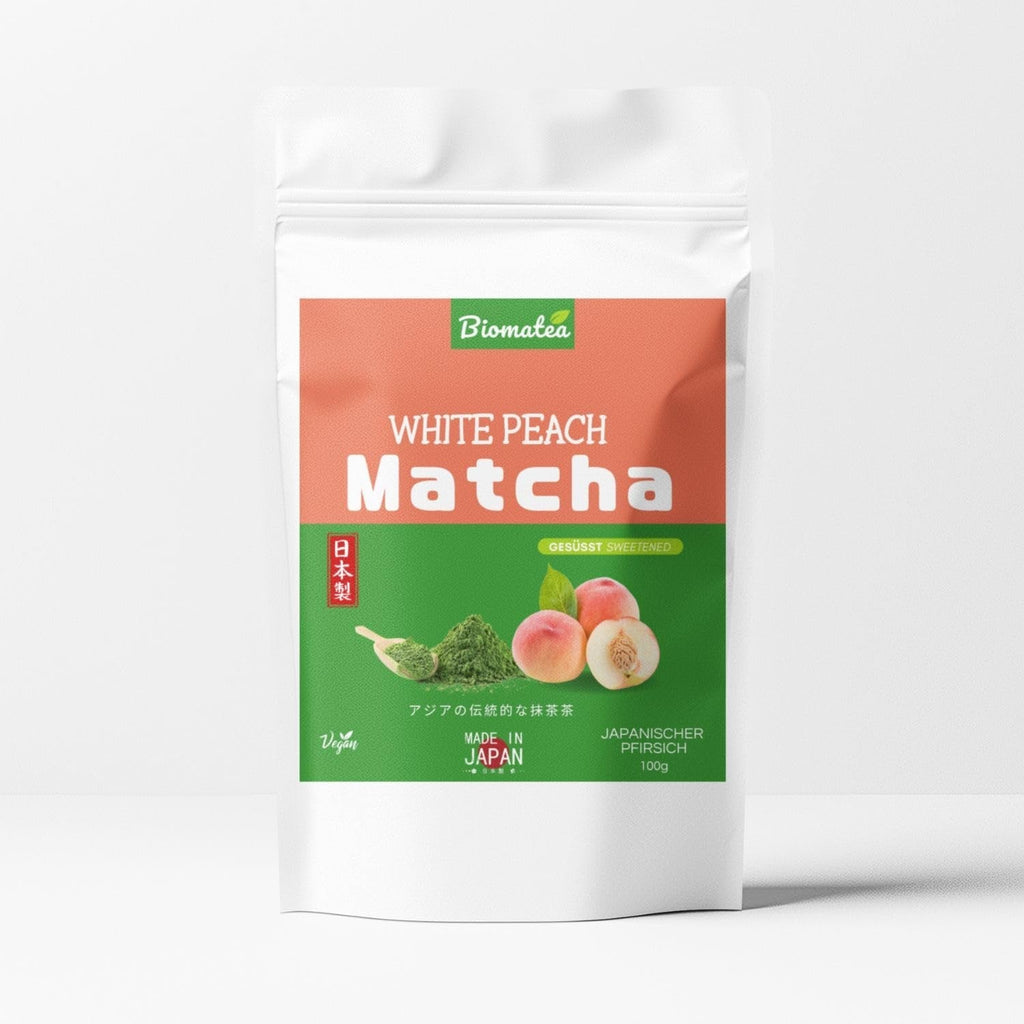 Pudră Matcha aromatizată – piersică japoneză, sakura sau mango – îndulcită – 100 g – solubilă instantaneu în apă sau lapte (Sakura)