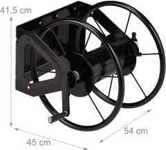 Tambur furtun Relaxdays, tambur furtun cu manivelă, pentru furtun de 60 m, oțel, ÎxLxA: 41,5 x 54 x 45 cm, negru