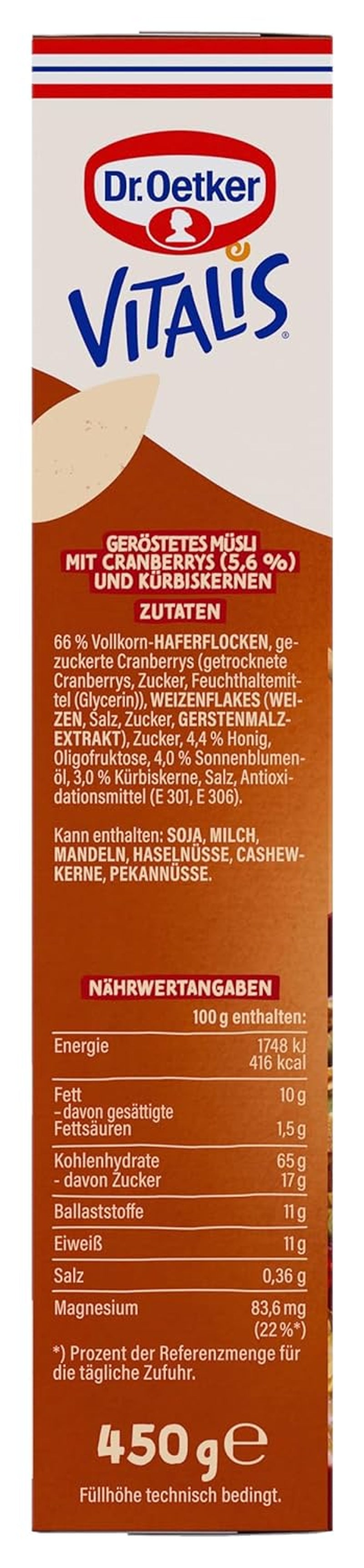Dr. Oetker Vitalis Muesli prăjit cu merișoare și semințe de dovleac: Muesli prăjit cu merișoare uscate, pachet de 8 (8 x 501g)