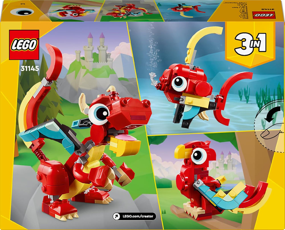 LEGO Creator 3in1 Red Dragon Toy to Fish Figure to Phoenix Bird Model, Animal Figures Set, Gifts for 6 Plus Year Old Boys, Girls and Kids 31145