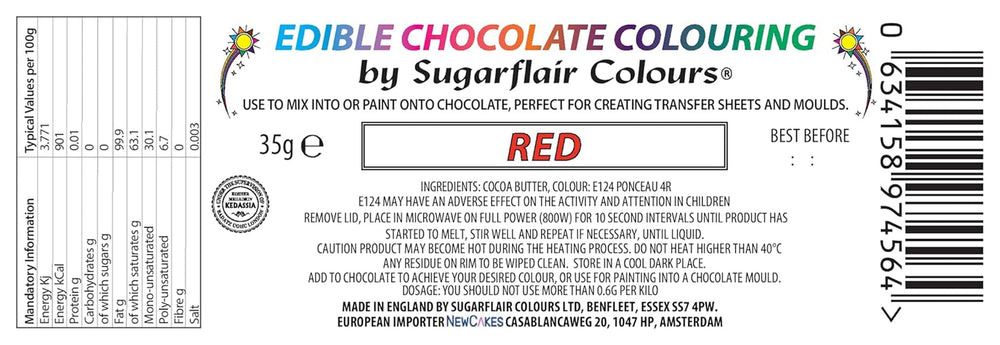 Colorant alimentar Sugarflair Chocolate Colorant alimentar pentru ciocolată roșie - Unt de cacao organic colorat, colorant ciocolată pentru colorarea ciocolatei, praline - 35g