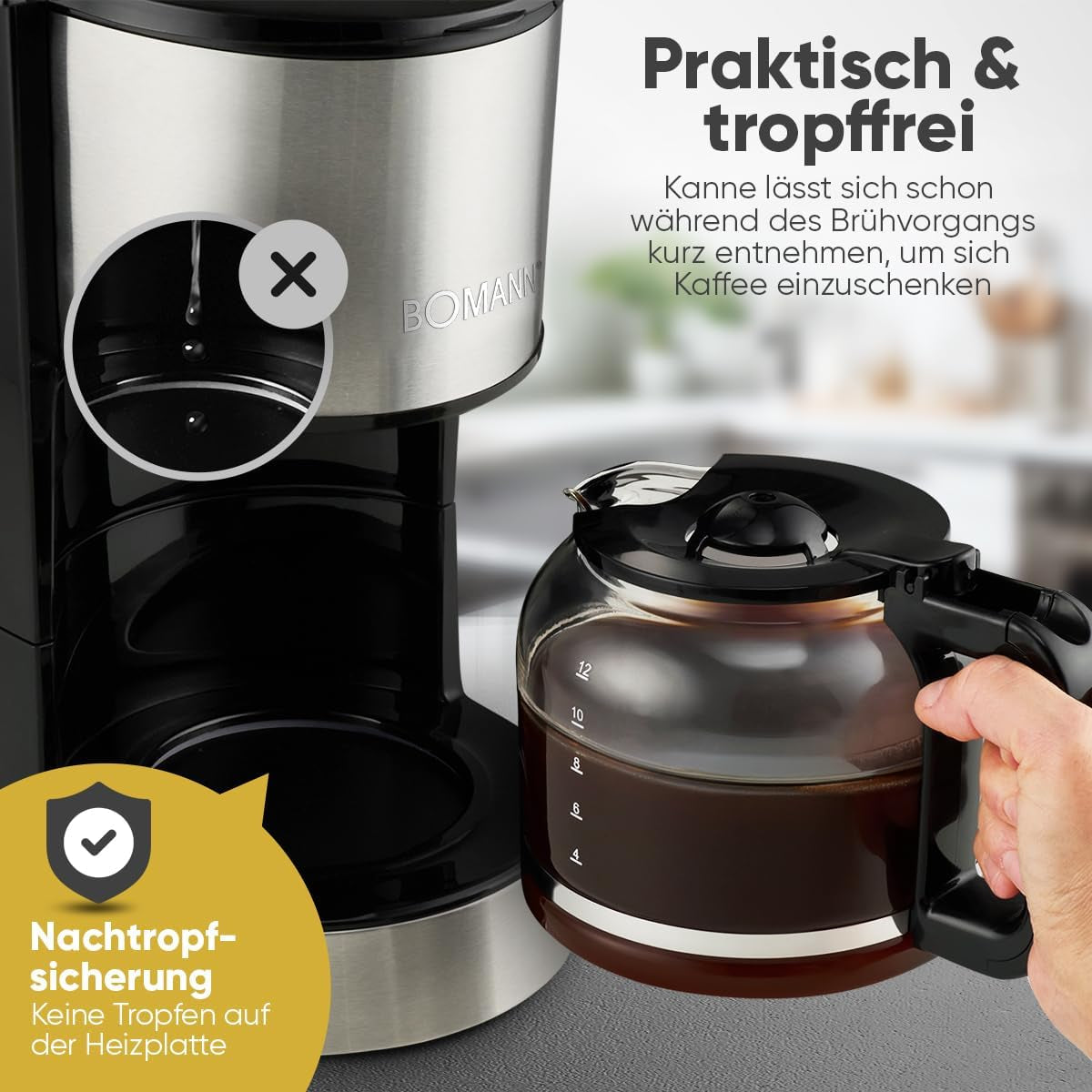 Espressor de cafea cu filtru Bomann® | pentru 12-14 cești | Espressor de cafea cu filtru | Carcasă din oțel inoxidabil | Anti-picurare | Espressor | Espressor de cafea cu filtru | 800W | KA 6071 CB