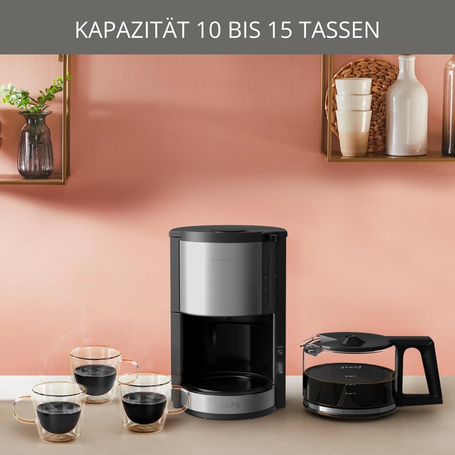 Espressor Krups KM3210 Pro Aroma Plus, 10 cești, 1,25 l, funcție de menținere la cald timp de 30 de minute, fereastră vizibilă pentru nivelul apei, sistem anti-picurare, negru cu aplicații din oțel inoxidabil