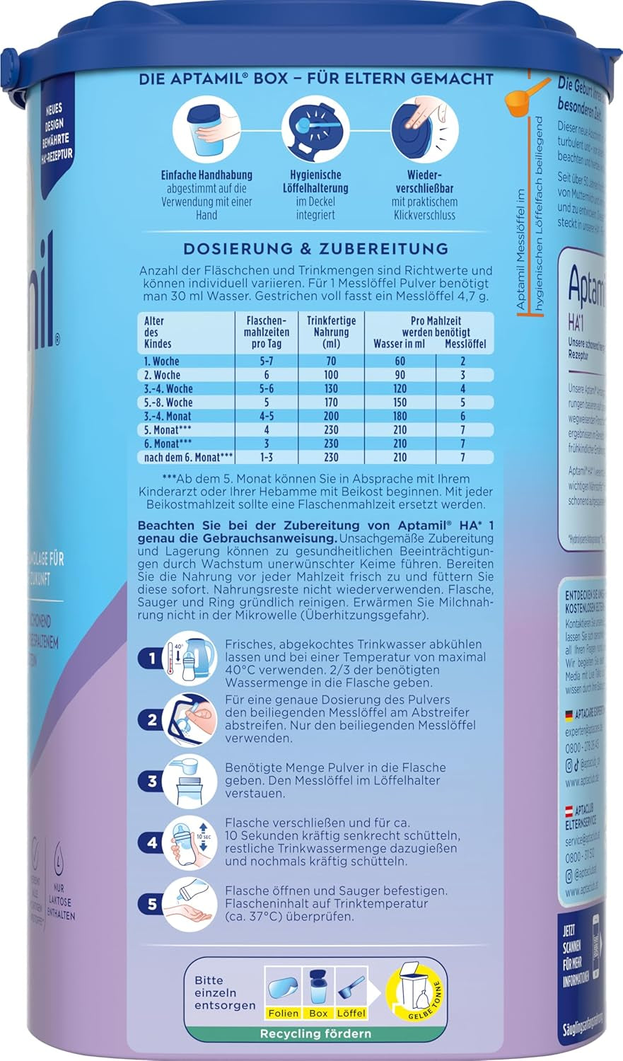 Aptamil HA 1 – Formulă de lapte praf pentru sugari de la naștere, cu DHA, fără lactoză, fără ulei de palmier, hrană pentru bebeluși, lapte praf, 1 x 800 g