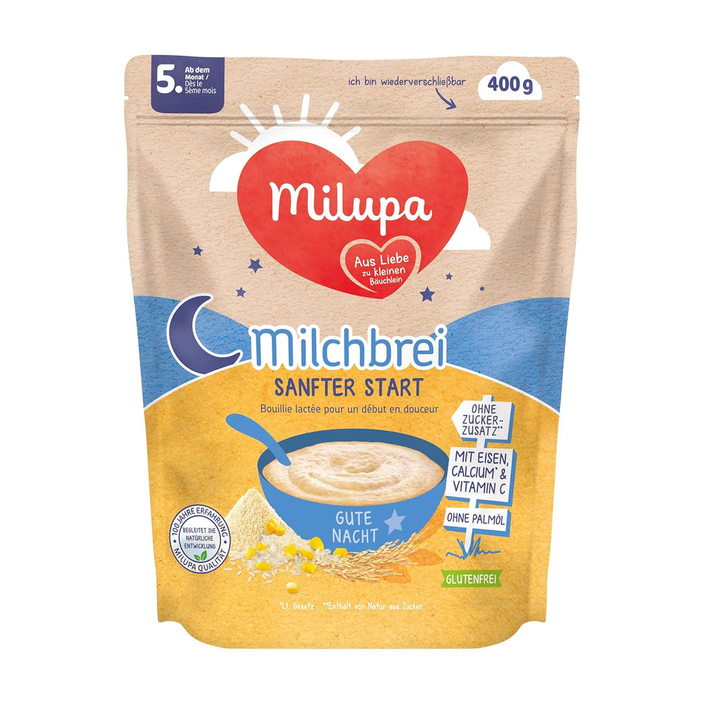 Terci de lapte Milupa Gentle Start – Cereale pentru bebeluși fără gluten, fără ulei de palmier – Fără conservanți și coloranți – De la 5 luni – 4 x 400 g