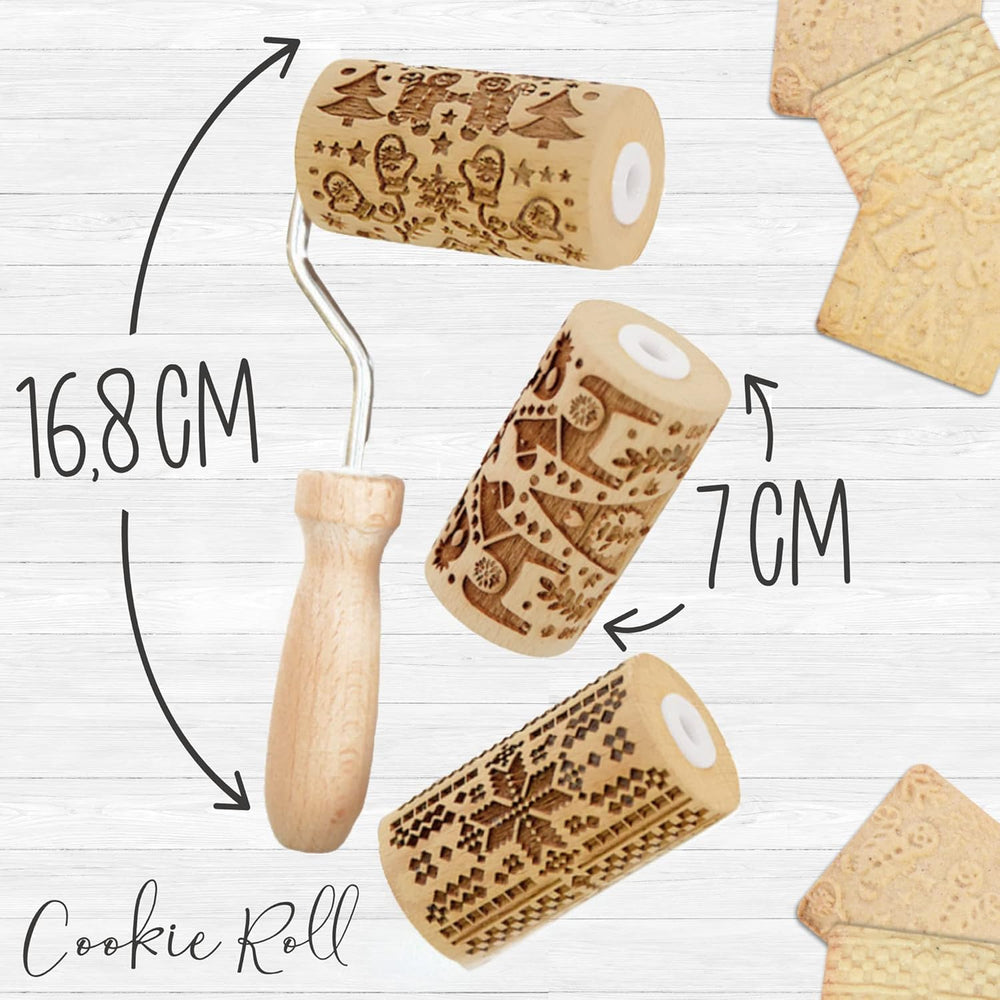 ScrapCooking 3798 Set Rulouri de Biscuiți Crăciun – 3 Mini Rulouri de Biscuiți din Lemn cu Motive – Decorațiuni în Relief – Formă de Biscuiți Sablată