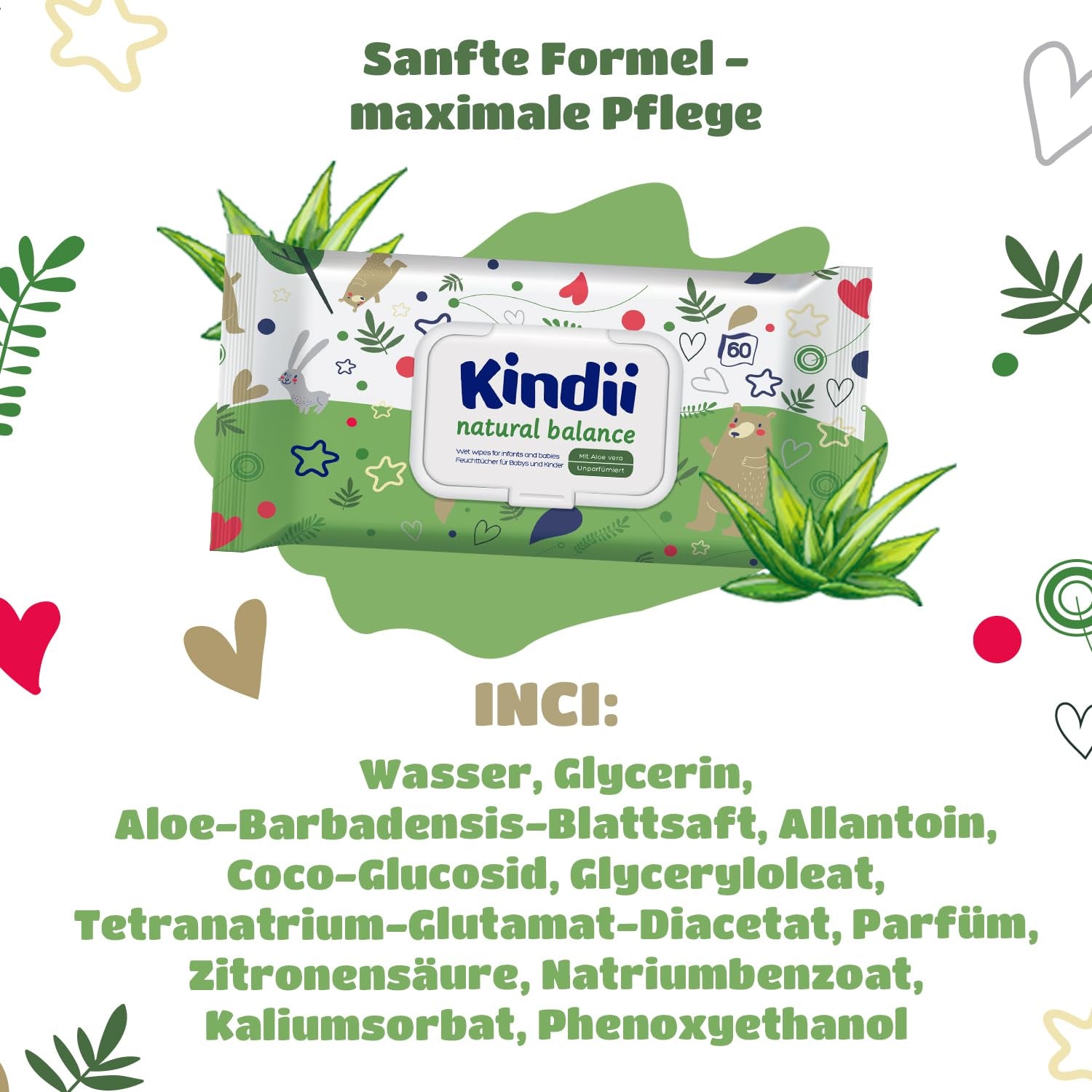 Șervețele umede Kindii Natural Balance pentru bebeluși – (1 x 60 buc.) Șervețele umede pentru bebeluși și copii – Protectoare, Aloe Vera, Parfum delicat – 60 buc.