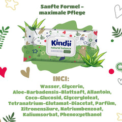 Șervețele umede Kindii Natural Balance pentru bebeluși – (1 x 60 buc.) Șervețele umede pentru bebeluși și copii – Protectoare, Aloe Vera, Parfum delicat – 60 buc.