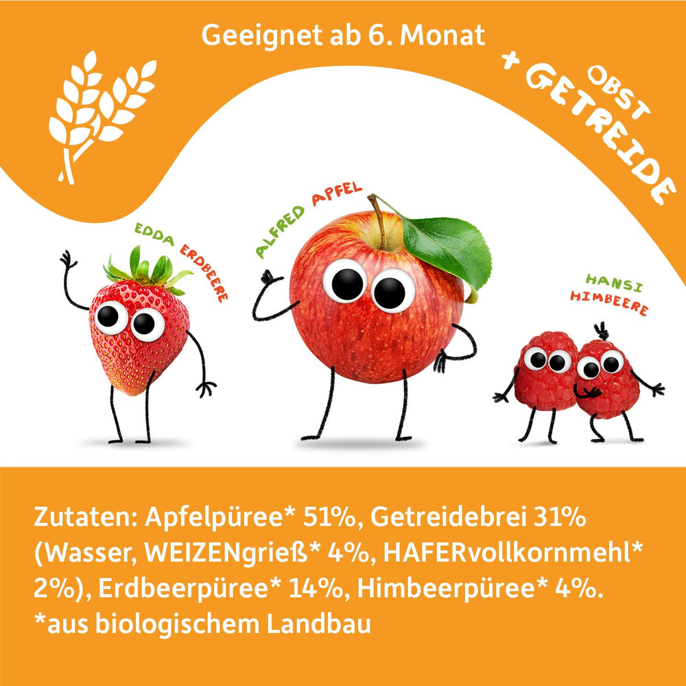 FRECHE FREUNDE Bio Quetschie Apfel, Erdbeere, Himbeere mit Grieß, Fruchtmus mit Getreide im Quetschbeutel für Babys ab dem 6. Monat, vegan, 6er Pack (6 x 100g)
