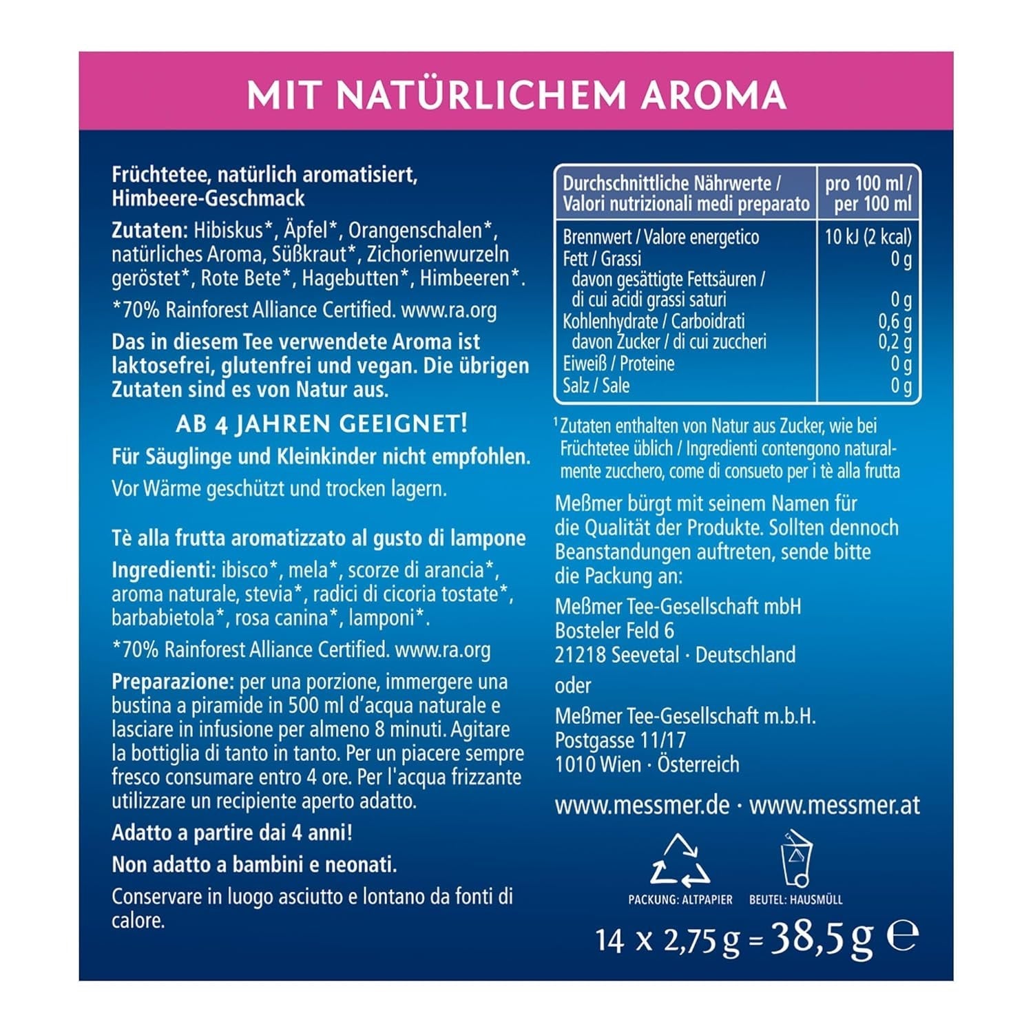 Meßmer Cold Tea Trinkpause Zmeură | Ceai de fructe, aromatizat natural, cu gust de zmeură | Ediție limitată | Pentru infuzie rece | 14 pliculețe piramidale